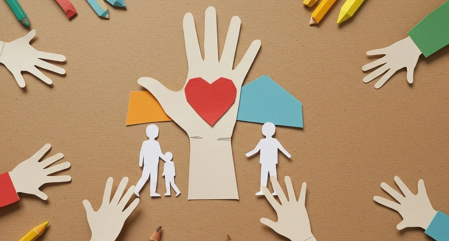 Paper-craft hands cradling a heart and a family